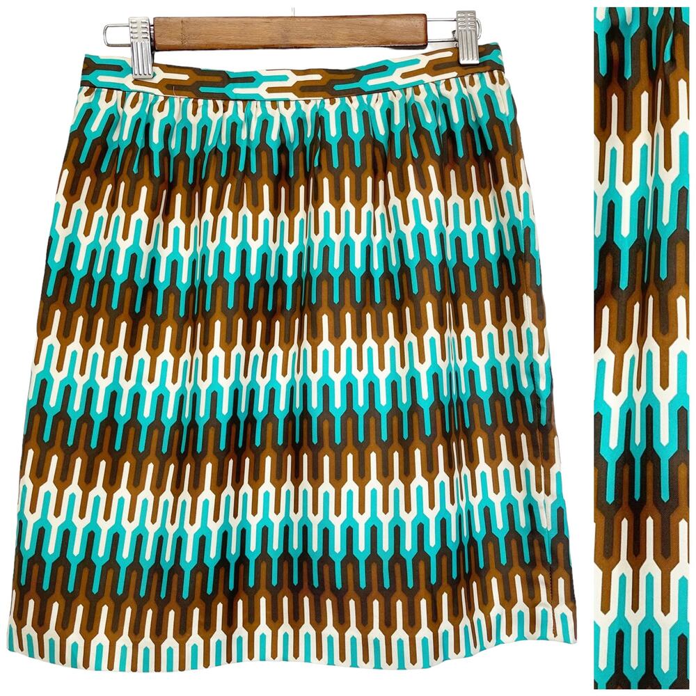 Milly Womens 6 Pencil Skirt 100%‎ Silk Geometric Ikat Brown Green Cream Lined